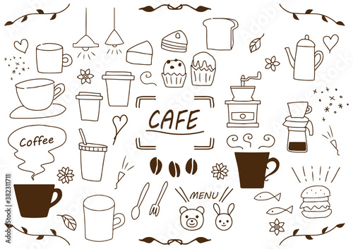 手書き　カフェ　コーヒー　素材　 イラスト セット　線画