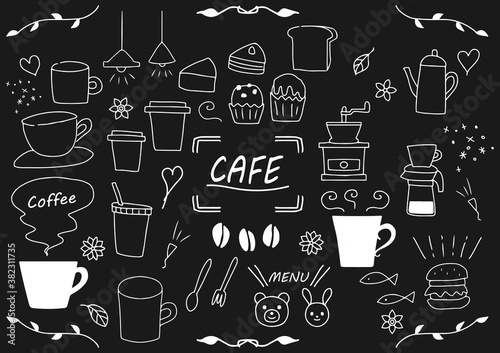 手書き カフェ コーヒー 素材 イラスト セット 黒板 チョーク 線画 Ilustracion De Stock Adobe Stock