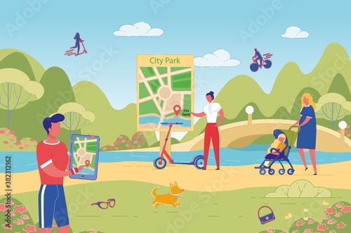 Mobile Map Navigation Application. Man Use Smart App on Digital Tablet to Find Location. City Park Landscape with Visitor. Traditional Garden Road Scheme Plan to Navigate People. Vector Illustration