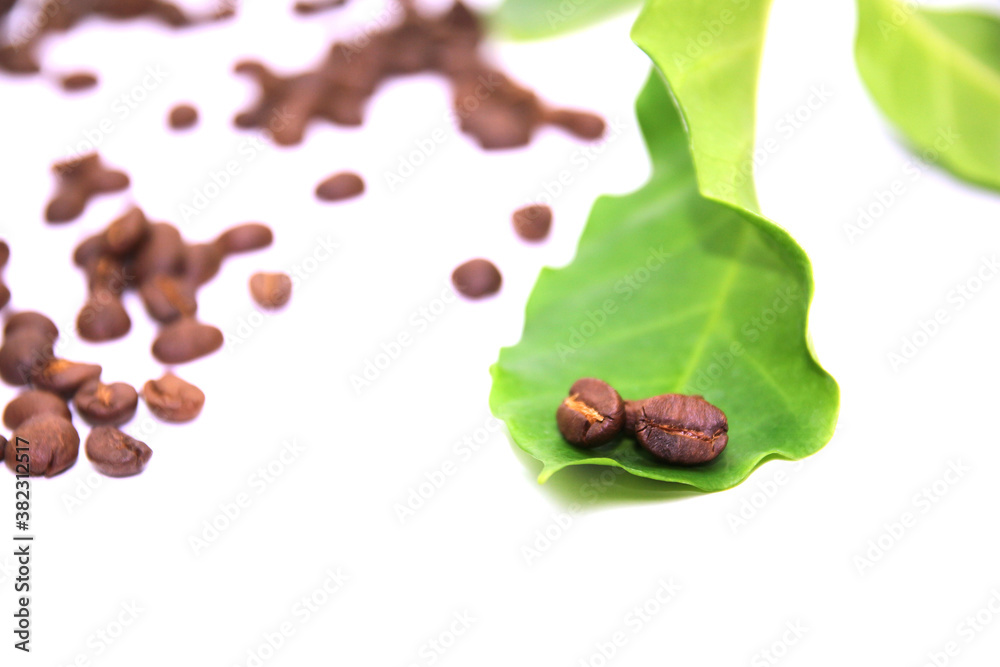 Coffee beans with leaves isolated on white Coffee beans with leaves isolated on white