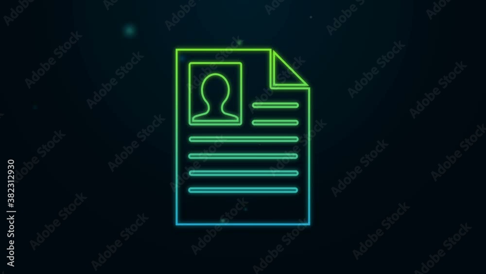 Glowing neon line Resume icon isolated on black background. CV application. Searching professional staff. Analyzing personnel resume. 4K Video motion graphic animation Glowing neon line Resume icon isolated on black background. CV application. Searching professional staff. Analyzing personnel resume. 4K Video motion graphic animation
