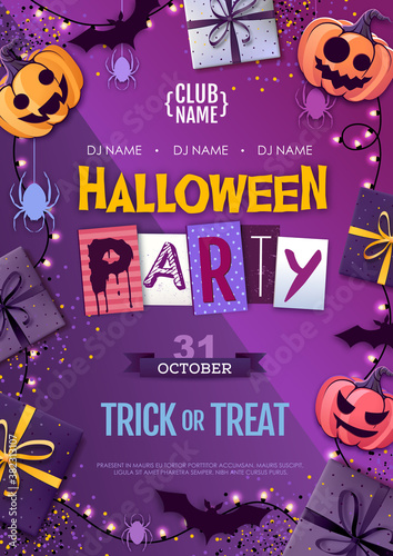 Halloween disco party poster with jack o lantern and gift boxes. Halloween background