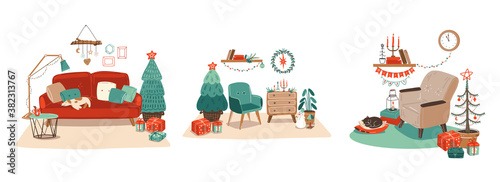 Scandinavian interior with December home decorations.tree, gift, candles.Cozy Winter holiday season. illustration in Hygge style.Christmas decorated living room with fireplace,christmas tree