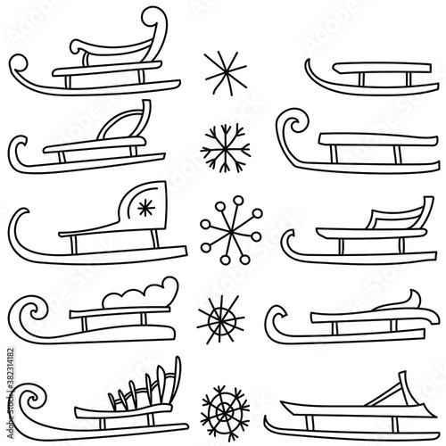 Set of 10 contour sleds with different shapes of runners and backs, 5 ornate snowflakes, doodle coloring page