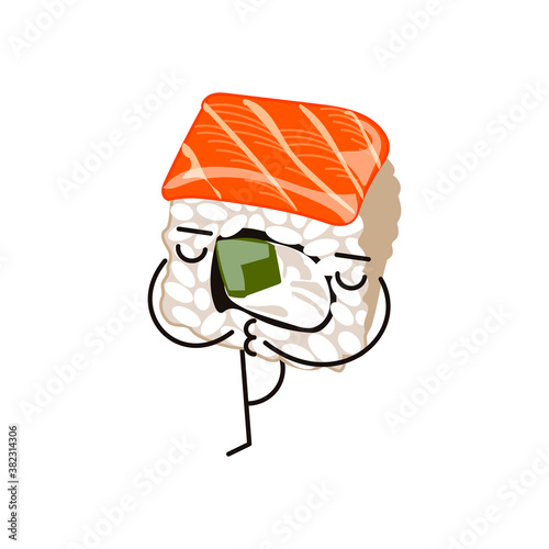Cute Philadelphia roll with peaceful face expression. Sushi emoji cartoon character with arms and legs. Traditional Asian cuisine food in Kawaii style vector illustration isolated on white background