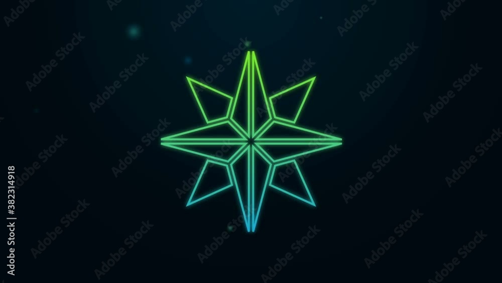 Glowing neon line Wind rose icon isolated on black background. Compass icon for travel. Navigation design. 4K Video motion graphic animation