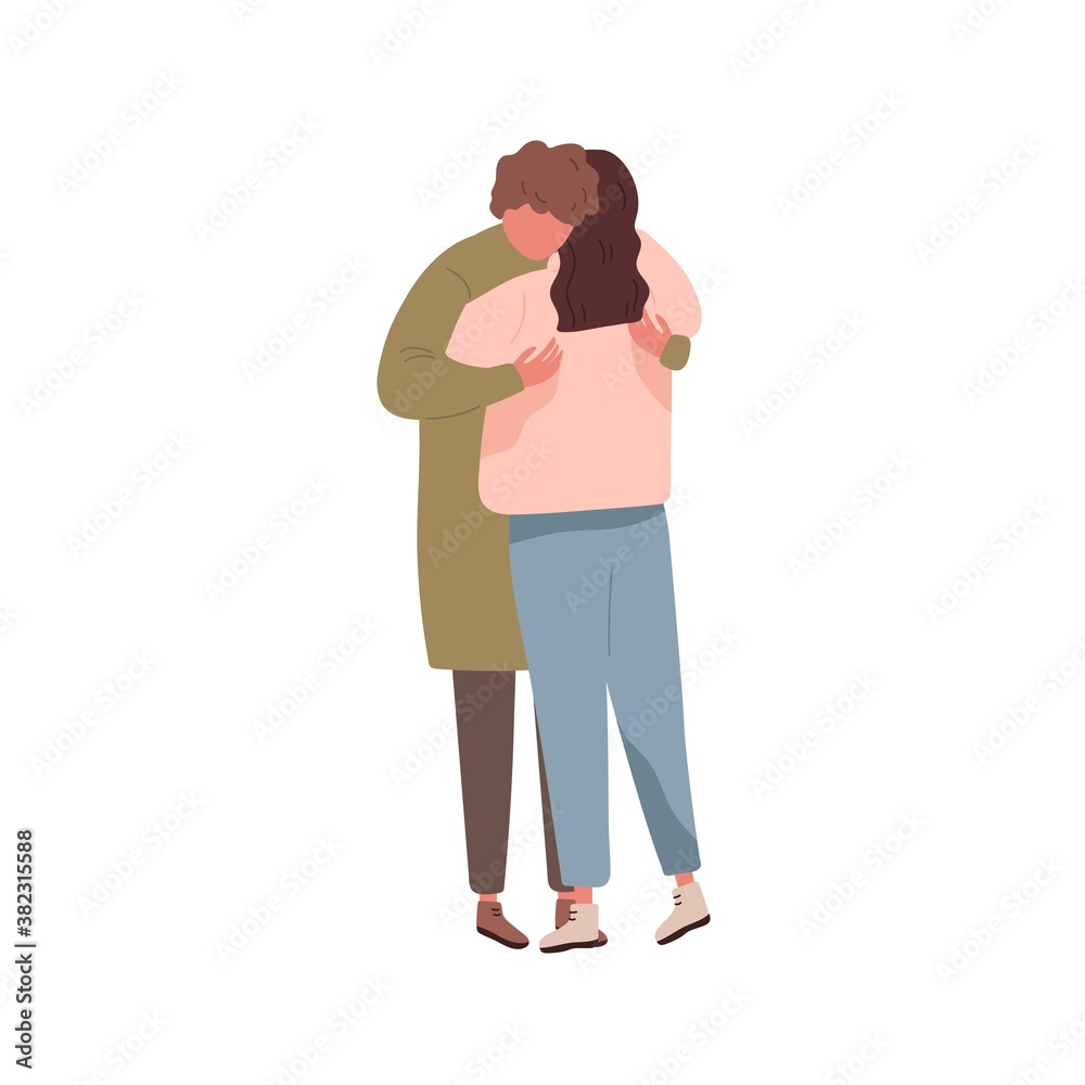 Romantic couple in love cuddling on date. Young boyfriend and girlfriend embracing. Scene of romance or tenderness. Lovers hugging. Flat vector cartoon illustration isolated on white. Romantic couple in love cuddling on date. Young boyfriend and girlfriend embracing. Scene of romance or tenderness. Lovers hugging. Flat vector cartoon illustration isolated on white.