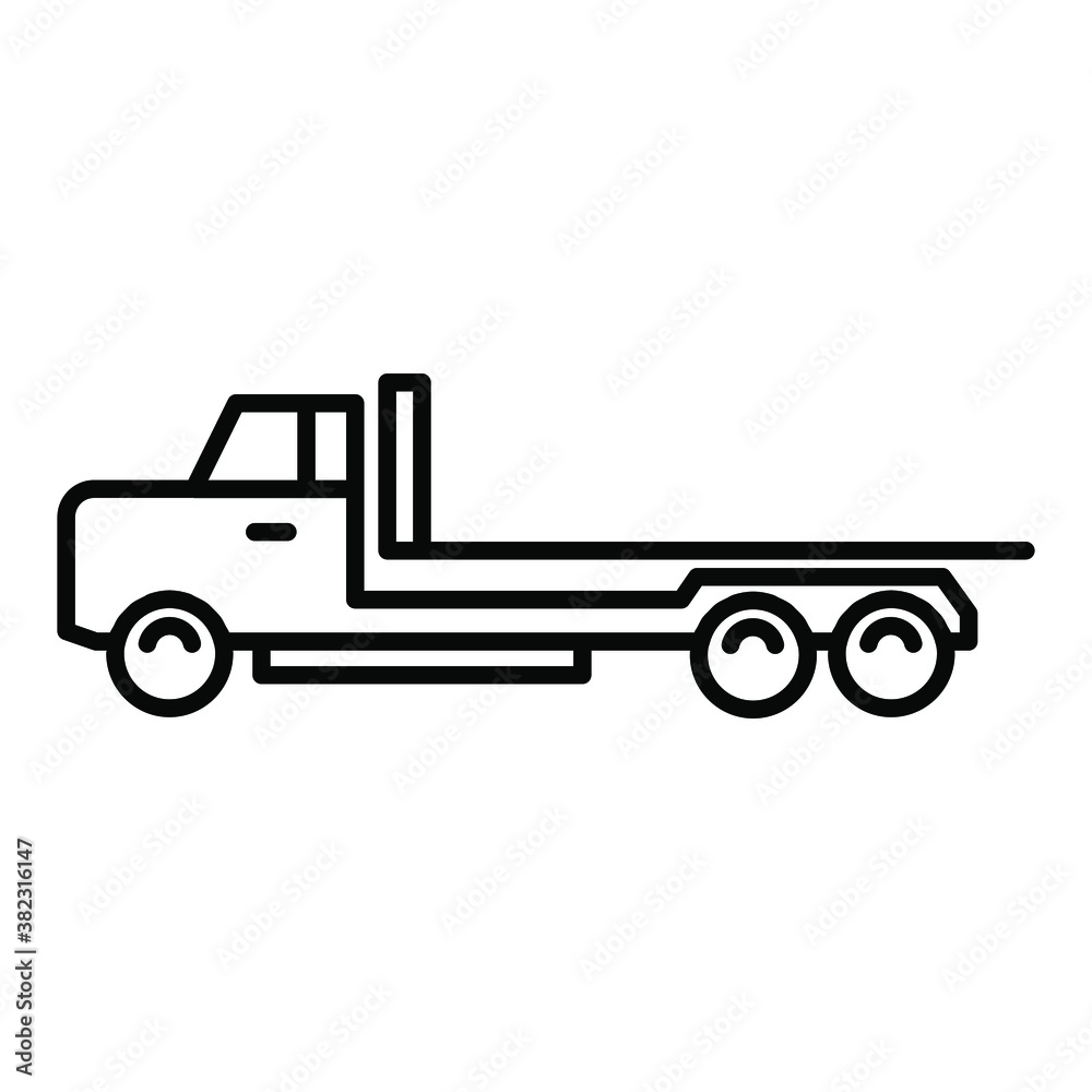 Flatbed truck icon. Isolated vector of construction equipment. 
Heavy equipment vehicles. Illustration of outline icon on white background. 
Perfect use for icons, web, patterns, designs, etc.