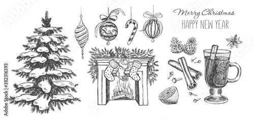 Christmas set, Mulled wine, Fireplace, tree. Hand drawn illustration	