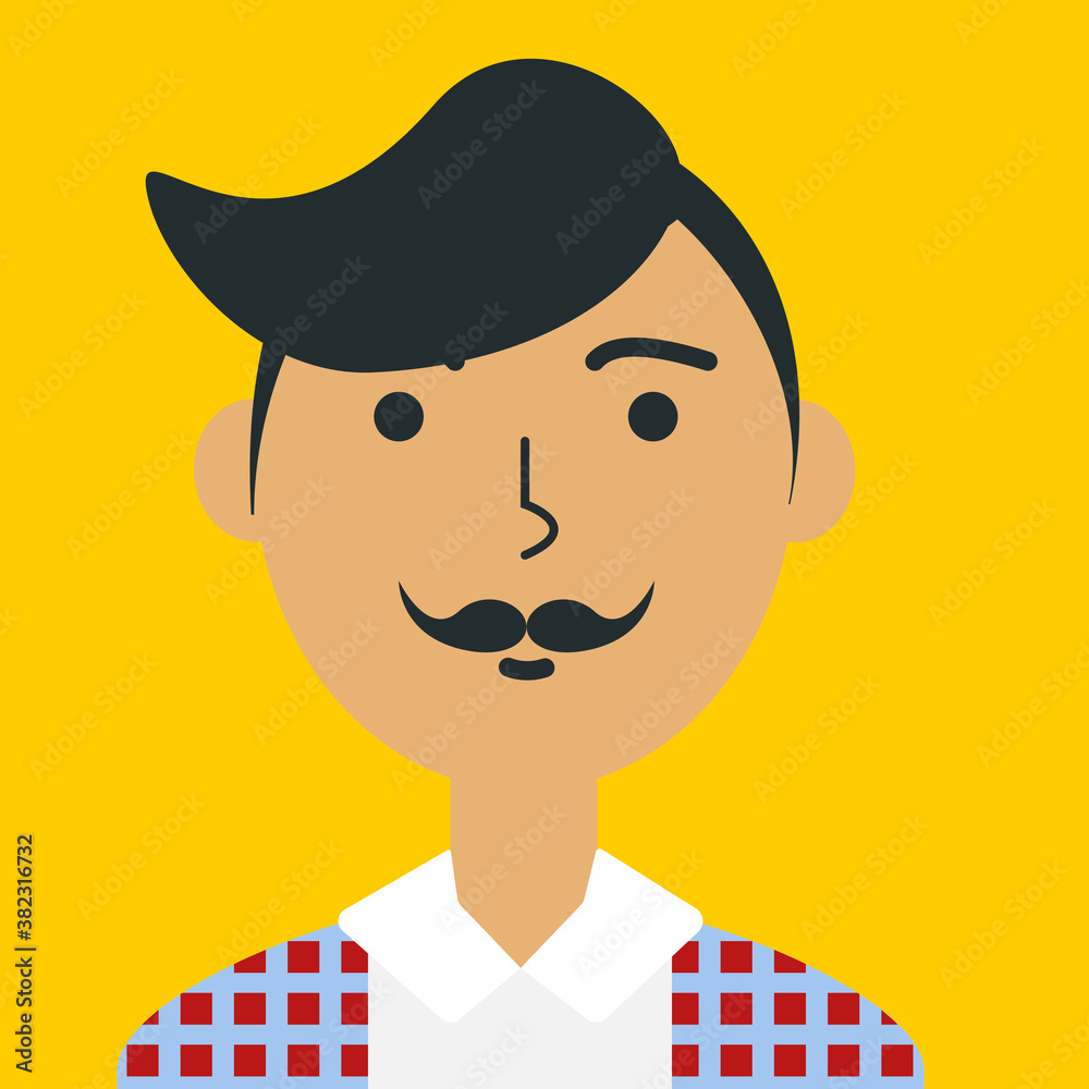 Flat color hipster portrait. Young man Asian ethnicity face avatar. Characters for web, video game, account, vector icon.