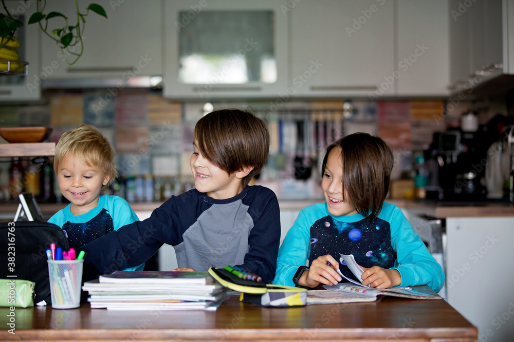 Three children, brothers, homeschooling, writing homeworks Three children, brothers, homeschooling, writing homeworks