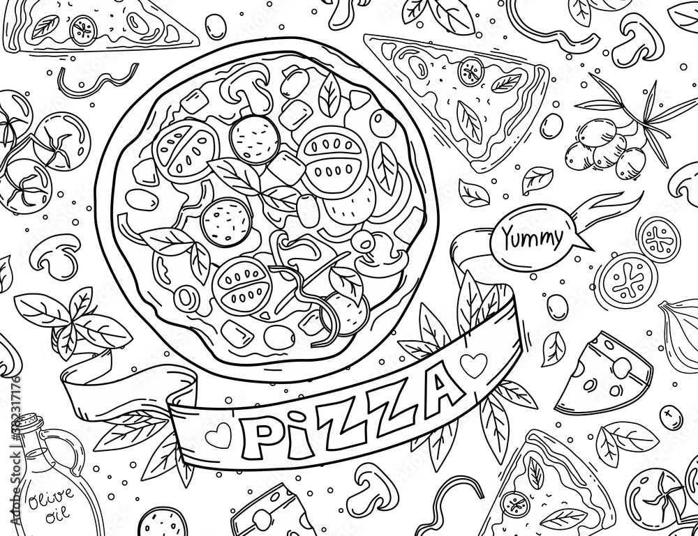 Italian pizza and ingredients are isolated on a white background. Italian cuisine menu design template. Outline.Vector illustration. Coloring book.