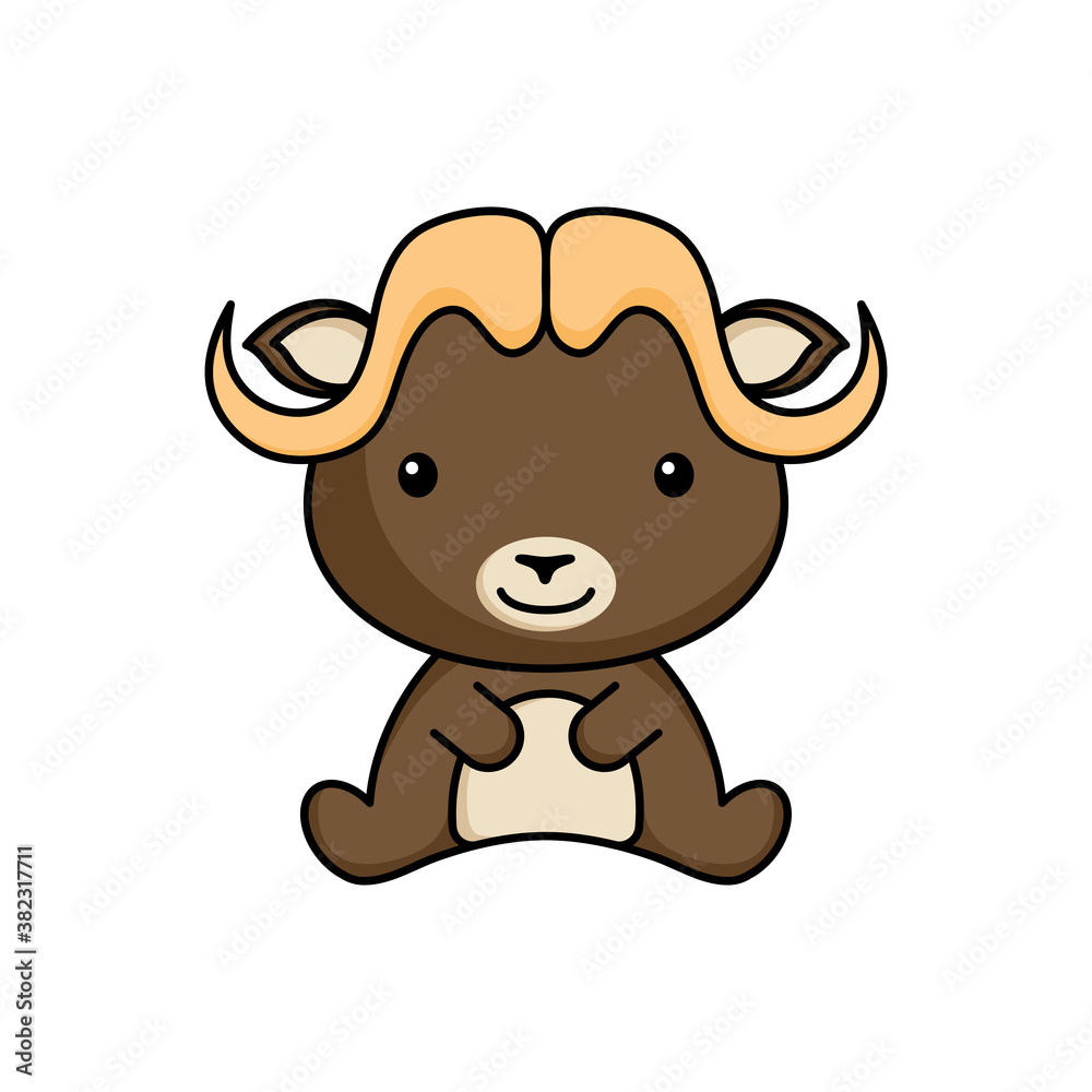Cute business musk ox icon on white background. Mascot cartoon animal character design of album, scrapbook, greeting card, invitation, flyer, sticker, card. Flat vector stock illustration.