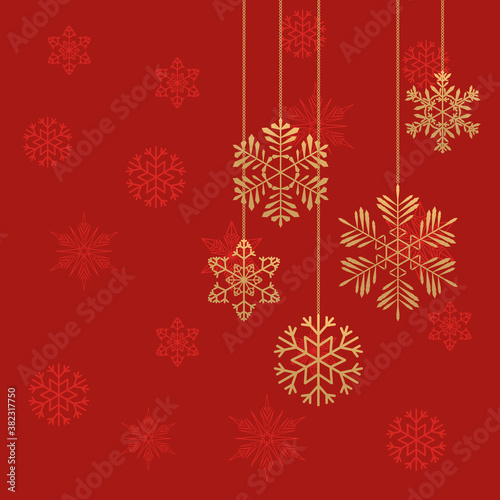 Christmas golden snowflakes on a red background. Vector illustration.