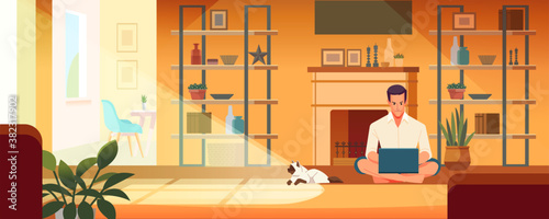 Freelancer working at home with laptop computer in sunny cozy home interior. Working enjoying time at home in quarantine coronavirus pandemic. Cartoon style Vector Illustration