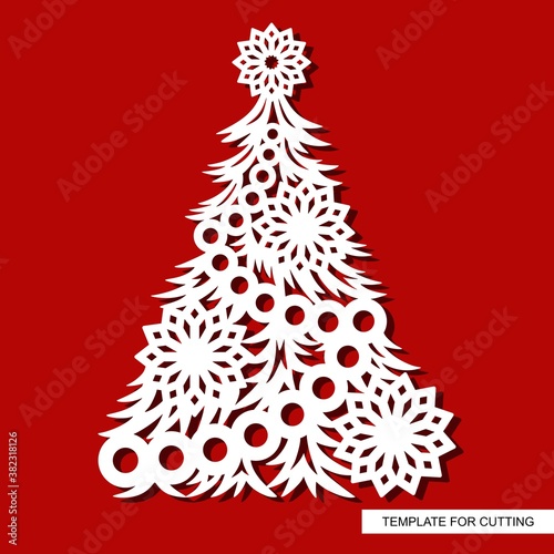 Silhouette of a festive Christmas tree with garlands balls, snowflakes, stars. Template for laser cutting (cnc), wood carving, paper cut or printing. Vector illustration. 