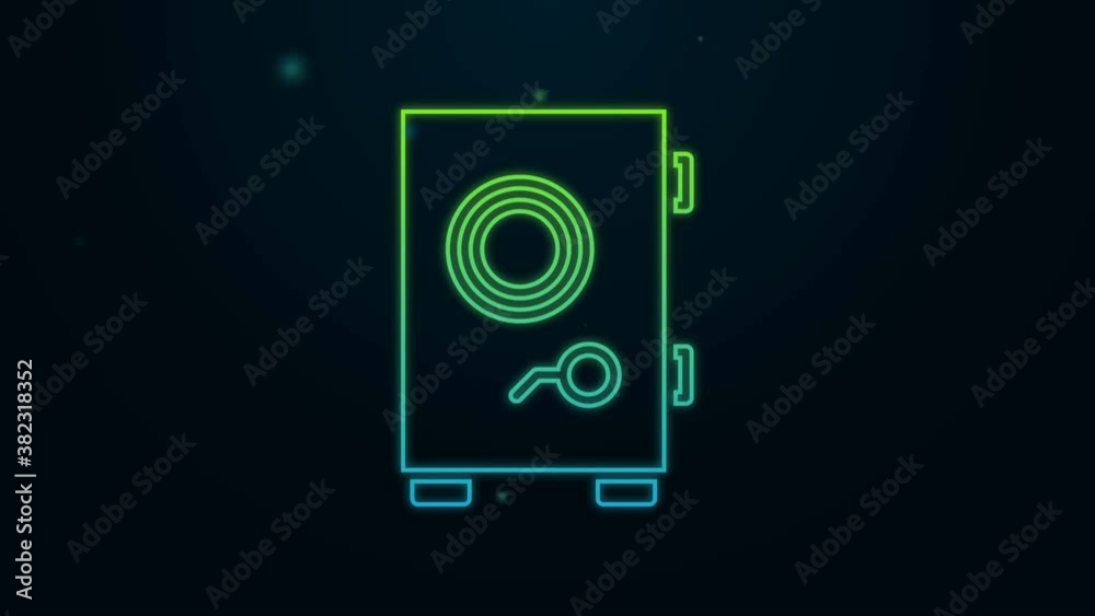 Glowing neon line Safe icon isolated on black background. The door safe a bank vault with a combination lock. Reliable Data Protection. 4K Video motion graphic animation Glowing neon line Safe icon isolated on black background. The door safe a bank vault with a combination lock. Reliable Data Protection. 4K Video motion graphic animation