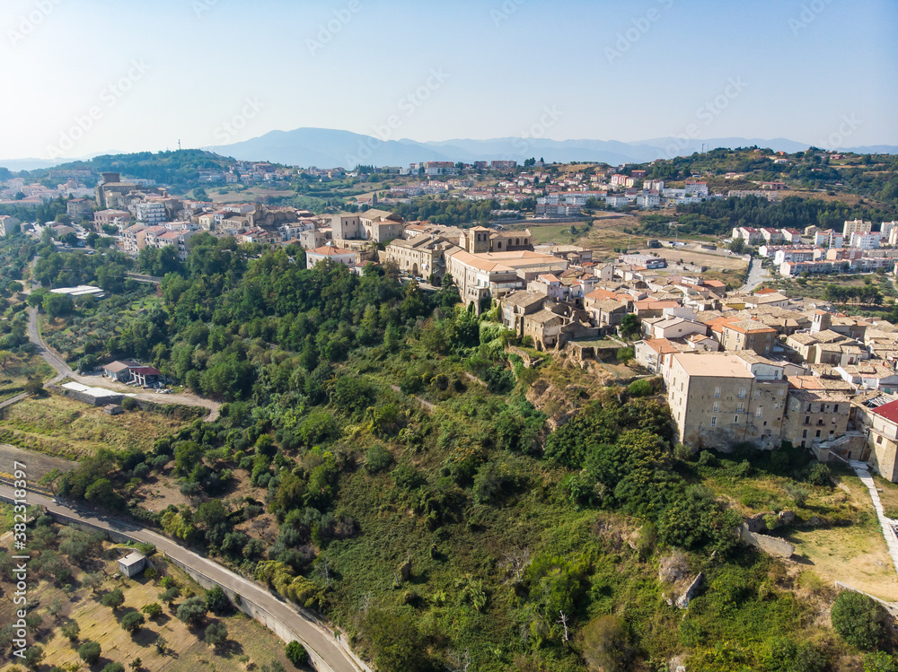 Tricarico town, province of Matera, Basilicata, southern Italy. It is home to one of the best preserved medieval historical centres in Italy. aerial view of tricarico with its Norman tower.aerial view