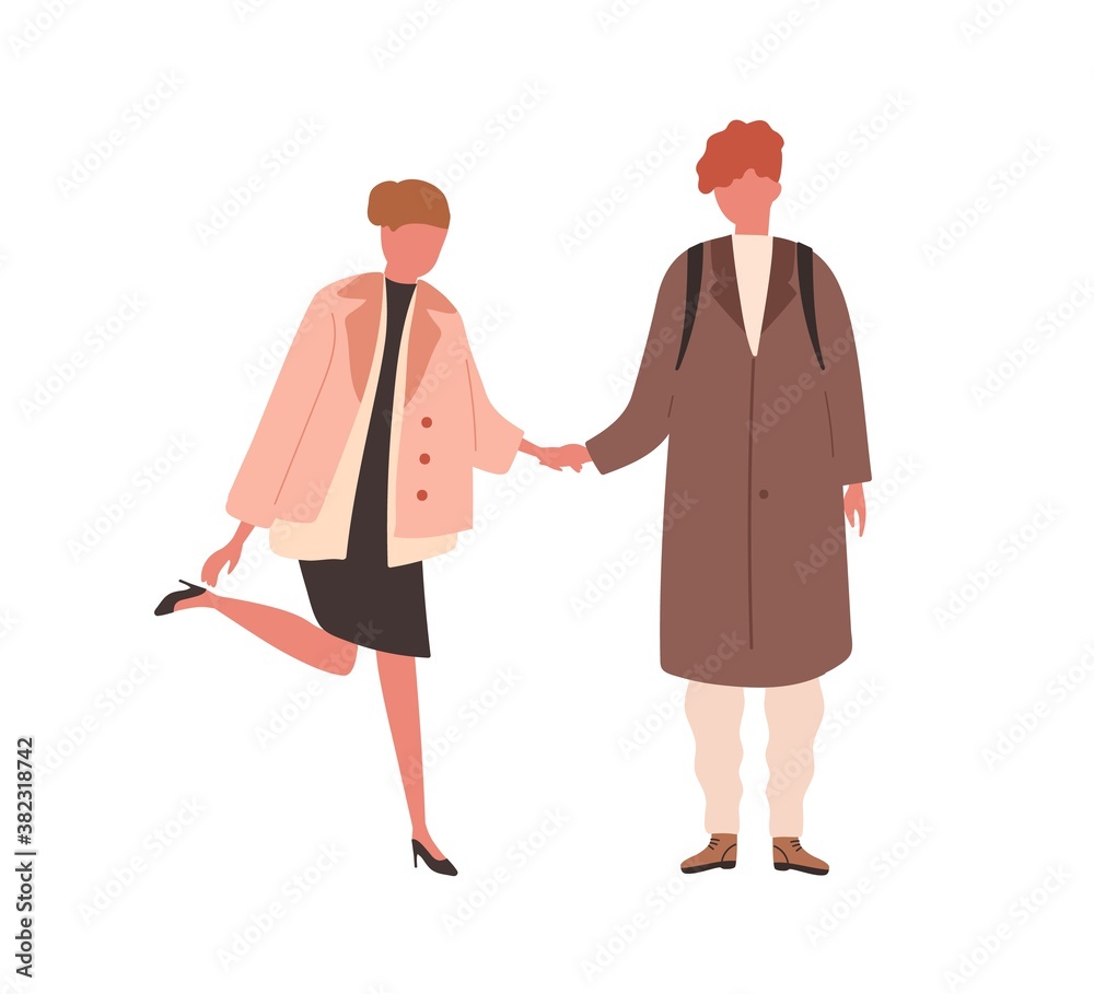 Couple in casual clothes on romantic date. Girlfriend in heels holding her boyfriend hand. Trendy pair of young people in love together. Flat vector cartoon illustration isolated on white background