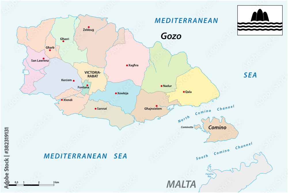 vector administrative map of the two maltese islands Gozo and Comino with flag, Malta vector administrative map of the two maltese islands Gozo and Comino with flag, Malta
