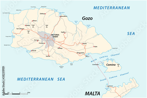 vector road map of the two maltese islands Gozo and Comino, Malta