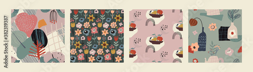 Set of vector colorful abstract natural seamless patterns with flowers, fall leaves and fruits, pear and apple.