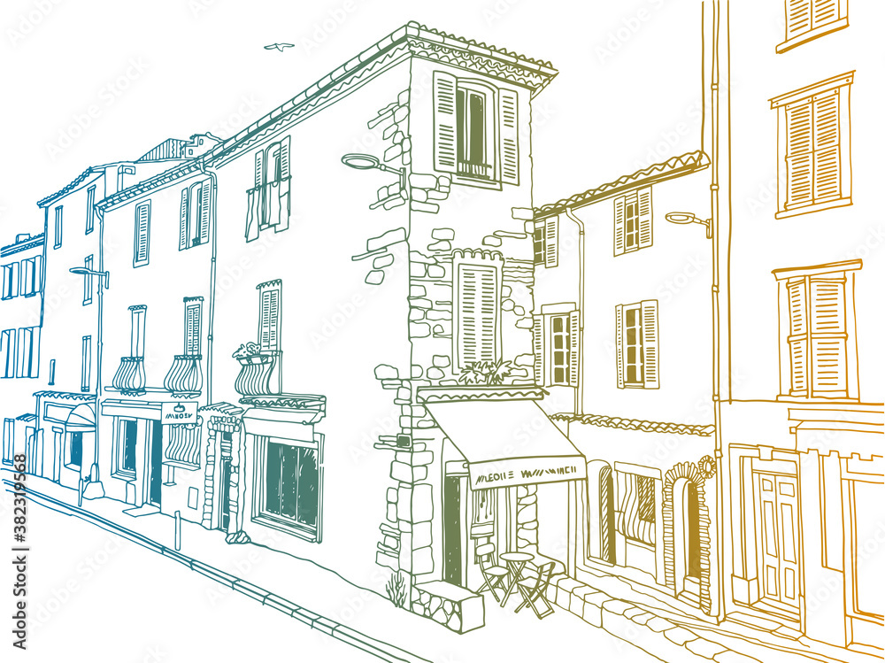Urban landscape in hand drawn sketch style. Old street of romantic Antibes, Provence, France. Nice European city. Colorful Line art. Wall decor. Vector illustration.