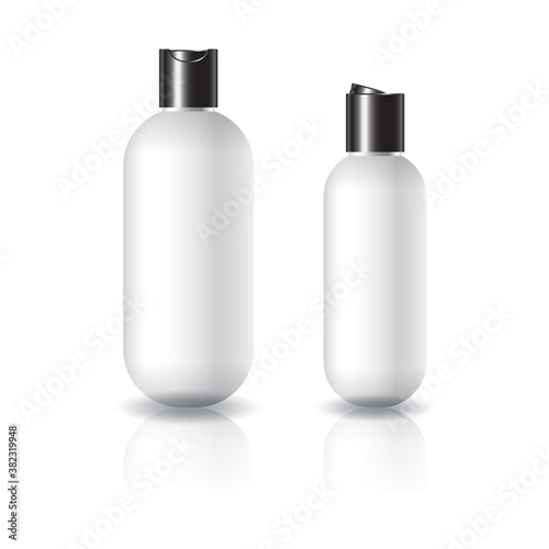 2 sizes of white oval round cosmetic bottle with black push on cap for beauty or healthy product.