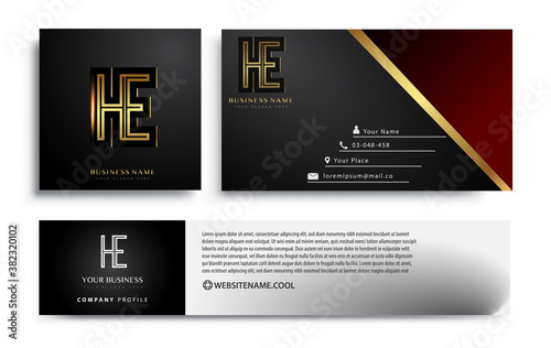 initial letter HE logotype company name colored gold elegant design. Vector sets for business identity on black background.