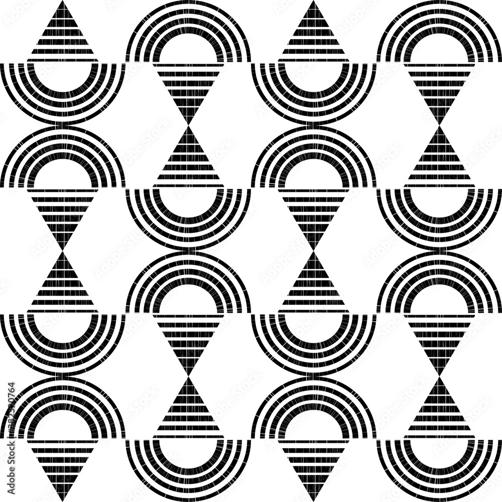 Mosaic with geometric shapes. Seamless pattern. Design with manual hatching. Textile. Ethnic boho ornament. Vector illustration for web design or print.