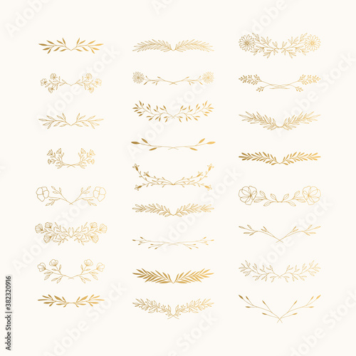 Set of golden floral dividers. Hand drawn borders and laurels. Golden design elements.