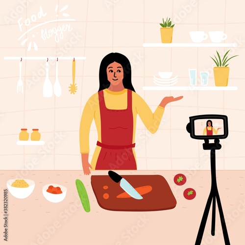 Food blogger. Female chef poses in the kitchen while recording video using camera online video channel. Cook healthy food at home. homemade meals. culinary video master. Vector.