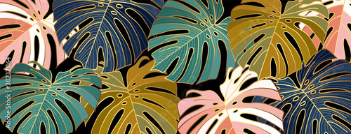 Luxury gold leaves wallpaper vector. Golden split-leaf Philodendron plant with monstera plant line art green emerald, blue  and pink color on dark background. Vector illustration..