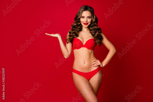 Photo of attractive beautiful curly lady model advertising underwear hold open palm arm empty space sensual slim fit body figure wear brassiere panties isolated red color background