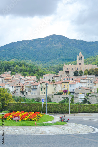 PRATS DE MOLLO LA PRESTE, FRANCE, EUROPE, SEPTEMBER 2020. Entrance on the road to Prats de Mollo. In front of it you can see a roundabout with a Catalan flag (stellate) and Fort Lagarde.