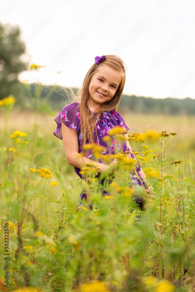 Beautiful blonde girl child in a bright dress outdoors in the tall grass Beautiful blonde girl child in a bright dress outdoors in the tall grass