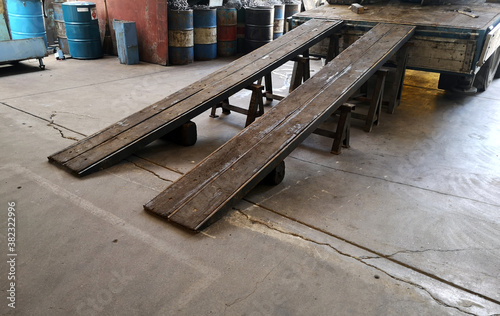 Wood Ramp down to load for moving big machine and transport goods product and raw material.