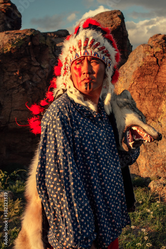 Native American man at sunset outdoor
