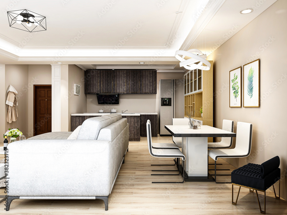 Fototapeta premium The sun shines through the clean and tidy kitchen with kitchen utensils and refrigerators