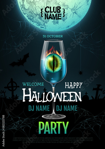 Halloween cocktail disco party poster with realistic transparent cocktail glass and burning eye inside.