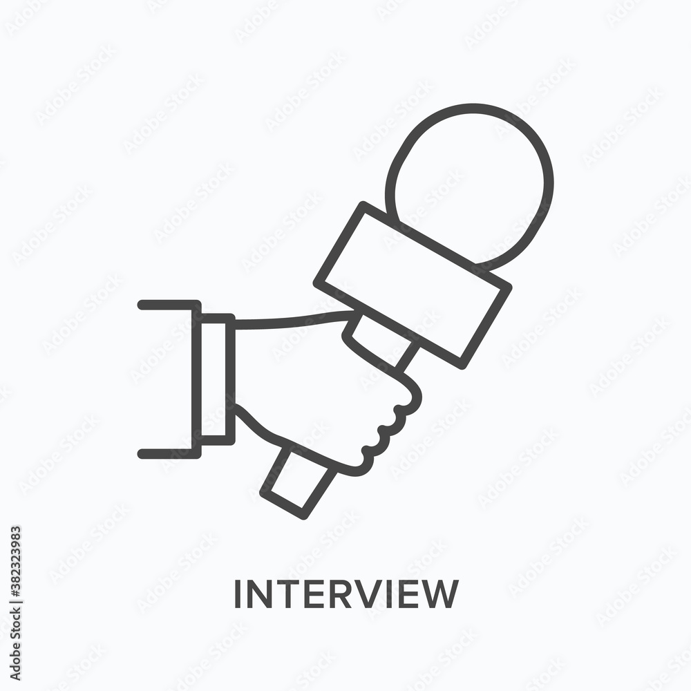 Hand holding microphone flat line icon. Vector outline illustration of journalist taking interview. Press conference thin linear pictogram Hand holding microphone flat line icon. Vector outline illustration of journalist taking interview. Press conference thin linear pictogram