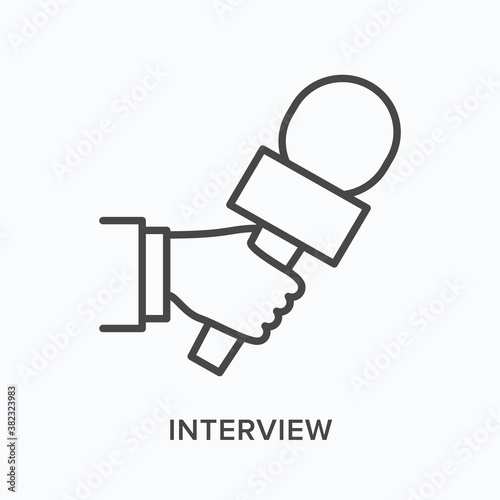 Hand holding microphone flat line icon. Vector outline illustration of journalist taking interview. Press conference thin linear pictogram