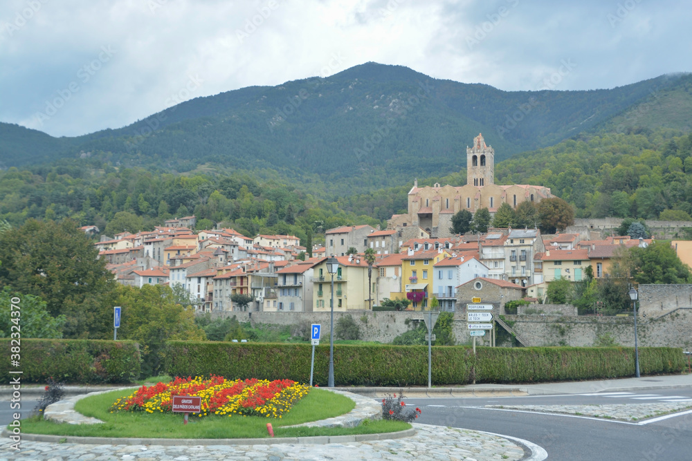 PRATS DE MOLLO LA PRESTE, FRANCE, EUROPE, SEPTEMBER 2020. Entrance on the road to Prats de Mollo. In front of it you can see a roundabout with a Catalan flag (estelada)