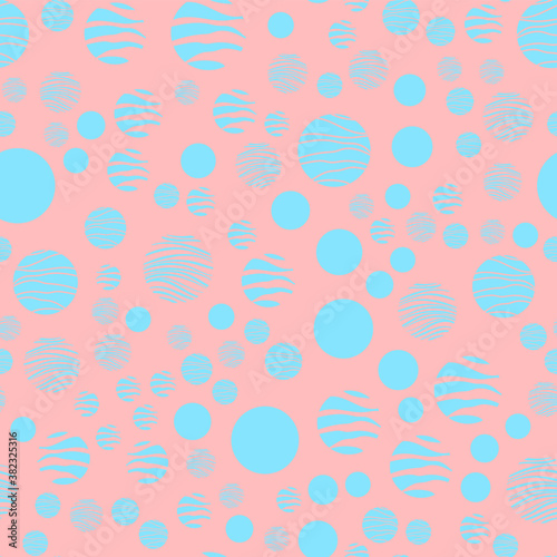 Pink vector background with white, mint, blue circles. Beautiful color pattern in a delicate palette. Design for fabric, paper, packaging, poster, banner sites. Vector
