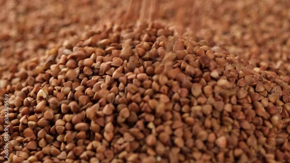 pouring raw buckwheat closeup rotation pouring raw buckwheat closeup rotation