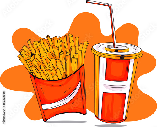 Fast food dishes isolated on white background with orange slash. Vector illustration of French fries and soft drinks