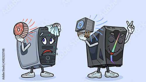 Two cartoon computers demonstrate their CPU cooling.