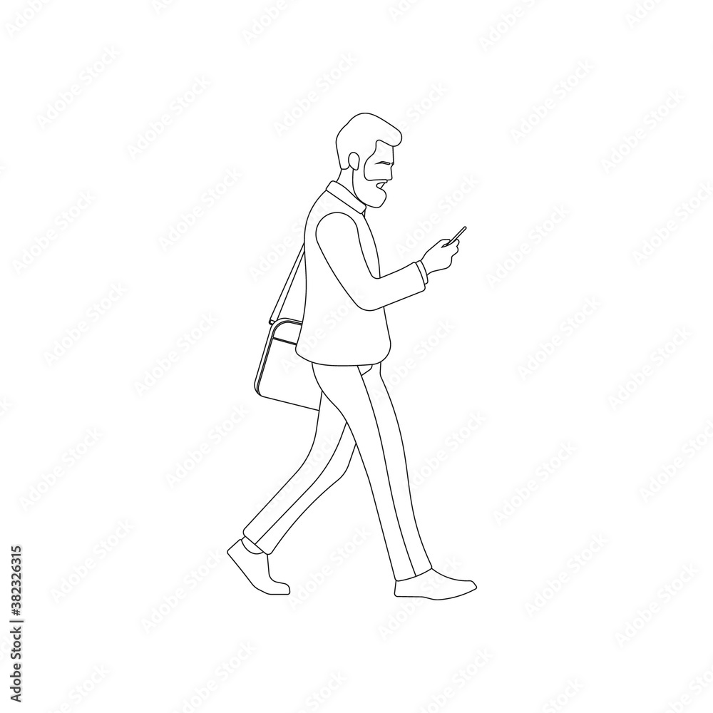 Busy male worker walking and looking at smartphone line art. Man staring and holding phone. College student. Corporate guy outline. Businessman concept. Social media business vector illustration.