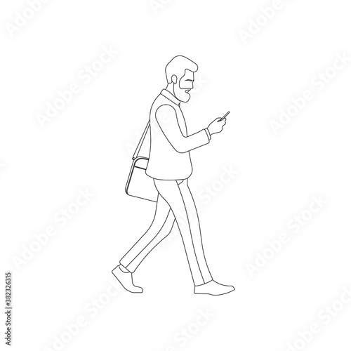 Busy male worker walking and looking at smartphone line art. Man staring and holding phone. College student. Corporate guy outline. Businessman concept. Social media business vector illustration.