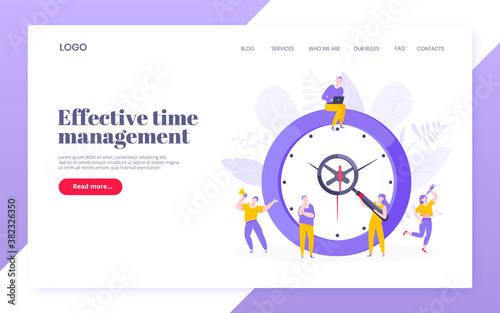 Effective work time management business concept flat style design vector illustration. Tiny people with megaphone and big clock working together. Time management or deadline web, template.